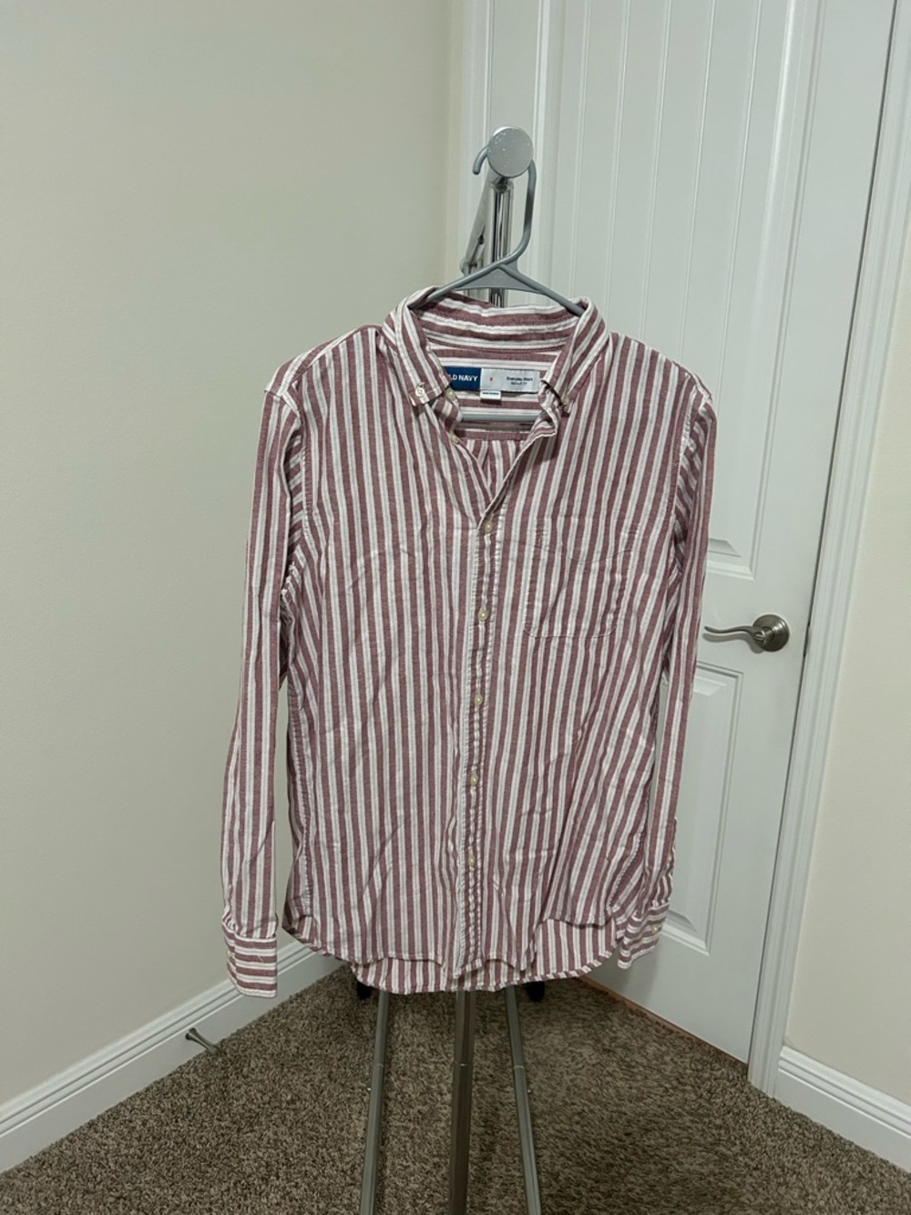 Old Navy Men’s Burgundy and White Vertical Stripe Button-Down Shirt
